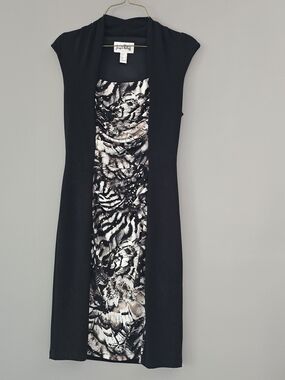 Joseph Ribkoff Black Midi Dress with Monochrome Floral Print Sequined Panel
